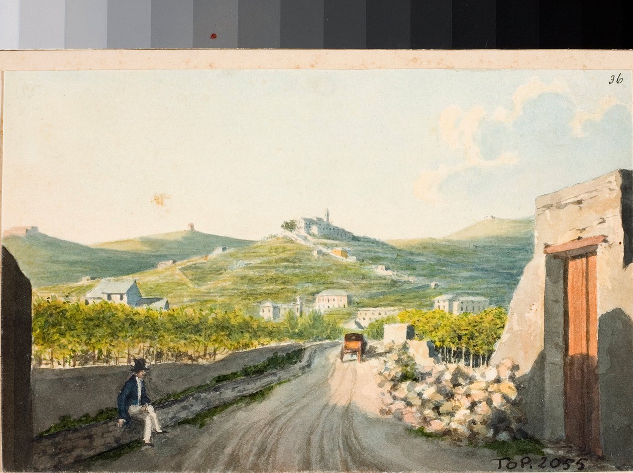 Utsikt över helgedomen Nostra Signora del Monte, Genua (akvarell, ca 1825) av Luigi Garibbo