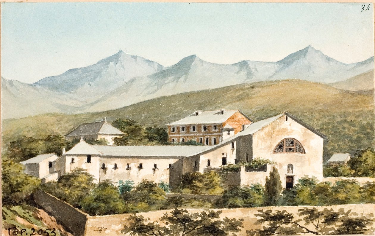 Utsikt över helgedomen Nostra Signora del Monte, Genua (Akvarell, cirka 1825) av Luigi Garibbo