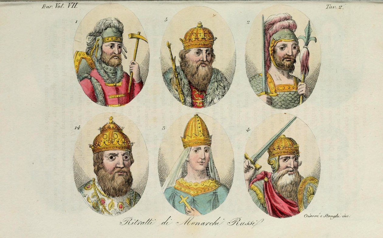 1. Rurik 2. Igor av Kiev 3. Olga 4. Sviatoslav 5. Vladimir den store 14. Ivan IV från Den antika kostymen av Giulio Ferrario, 1831 av Luigi Giarrè