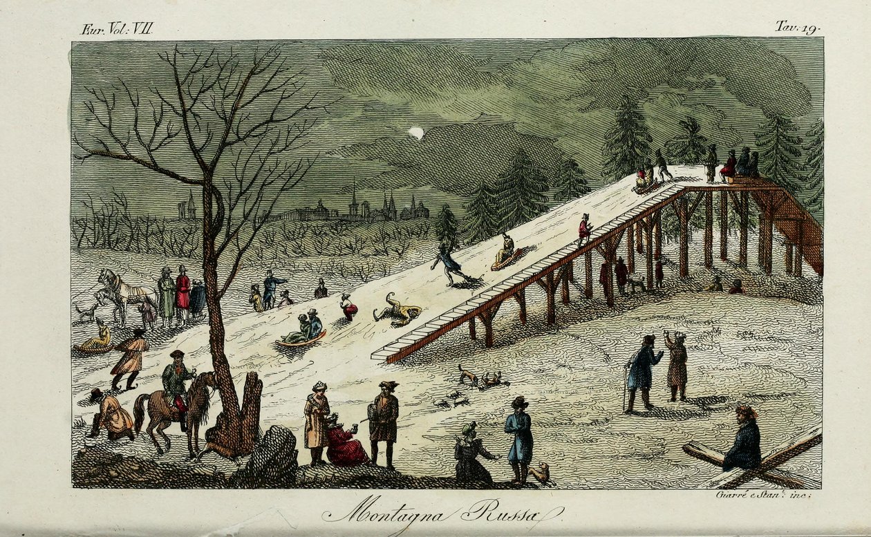 En bergochdalbana. Illustration från antika och moderna seder eller regeringshistoria av Giulio Ferrario, 1831 av Luigi Giarrè