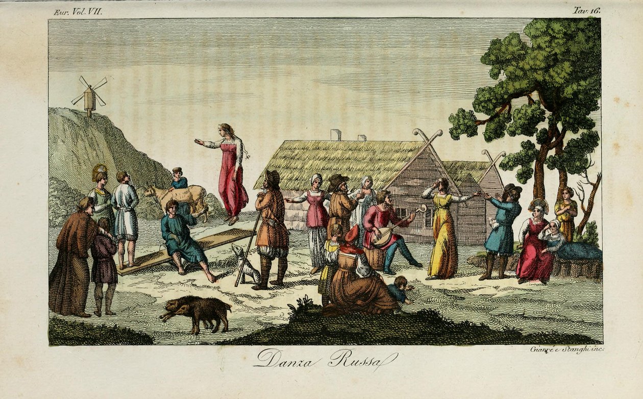Rysk dans. Illustration från antika och moderna seder eller regeringshistoria av Giulio Ferrario, 1831 av Luigi Giarrè