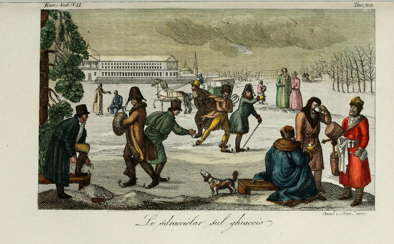 Skridskobana. Illustration från antika och moderna seder eller regeringshistoria av Giulio Ferrario, 1831 av Luigi Giarrè