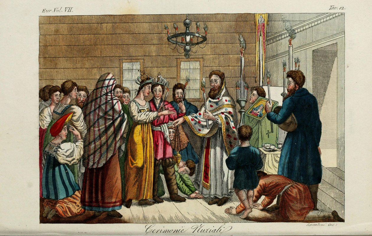 Trolovningen. Illustration från antika och moderna seder eller regeringshistoria... av Giulio Ferrario, 1831 av Luigi Giarrè