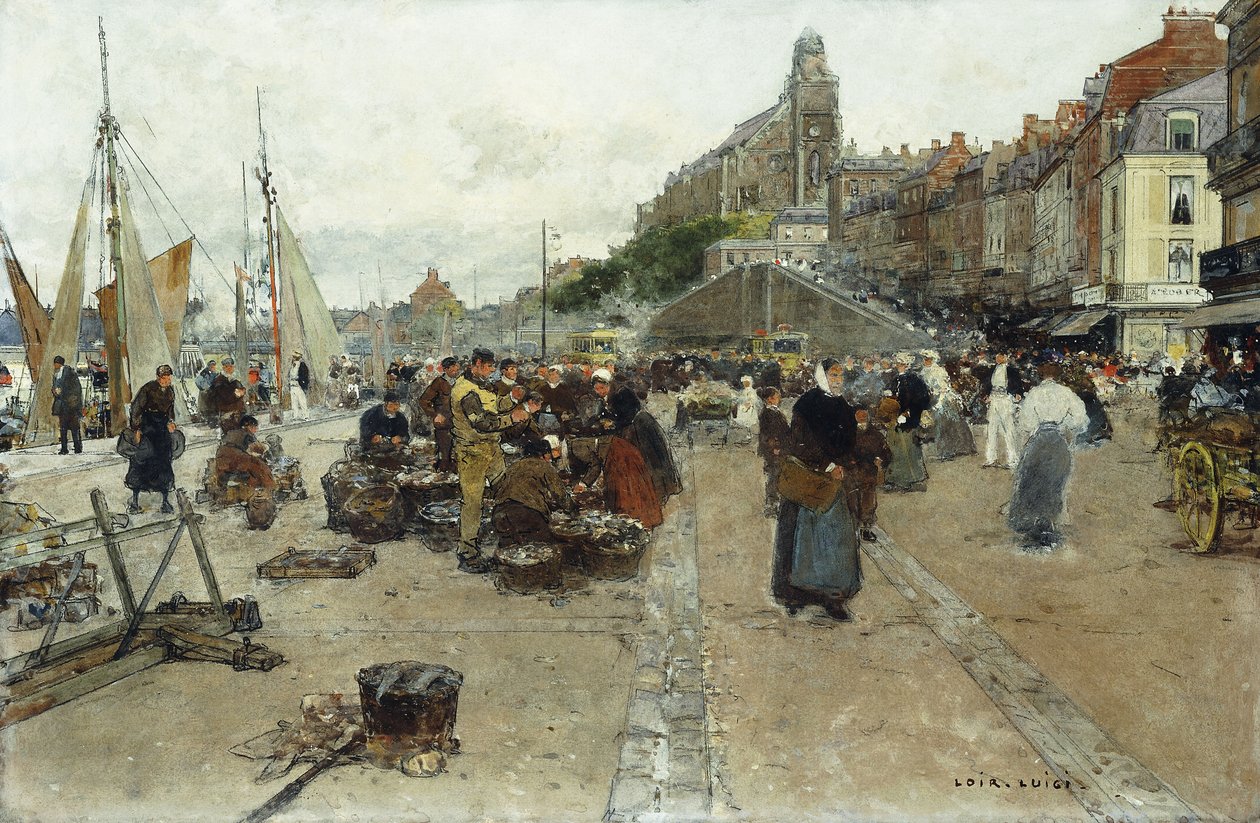 Marknadsplats vid en hamn, av Luigi Loir