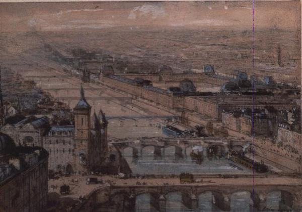 Ile de la Cite och Palais du Louvren, Paris av Luigi Loir