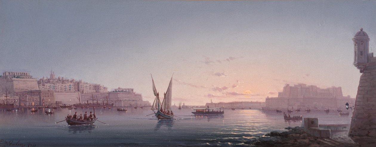 Grand Harbour, Malta, från Corrodino, 1911 av Luigi Maria Galea