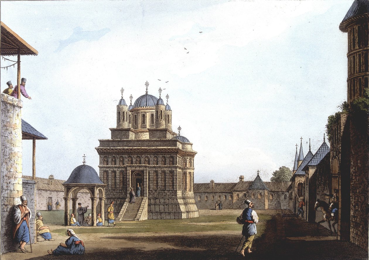 Kyrkan och klostret Saint Mary, Turkiet. i "" Utsikter i de osmanska dominionerna, i Europa, i Asien och några av Medelhavsöarna"" från originalteckningarna tagna av Luigi Mayer, London av Luigi Mayer