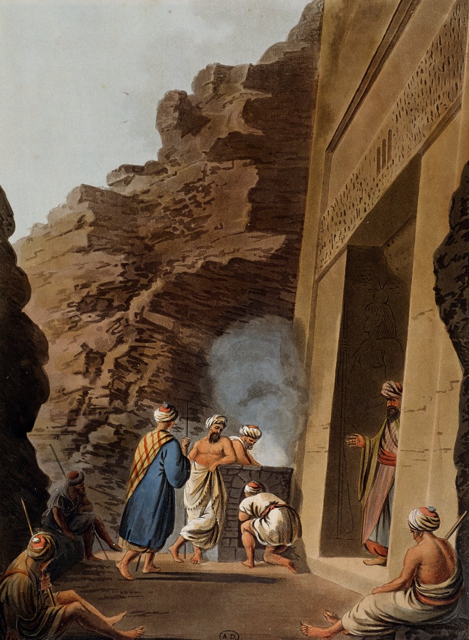 Ingång till gravkammaren vid Sfinxen i Giza, gravyr, av Luigi Mayer (1755-ca 1803), från utsikter i Egypten, Palestina och andra delar av det osmanska riket av Luigi Mayer