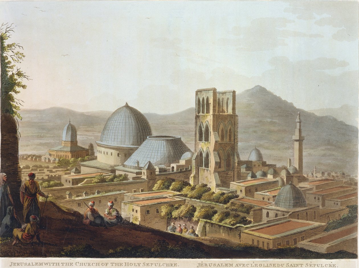 Jerusalem med den heliga gravens kyrka, skylt 3 från "Views in Palestine", pub. av Robert Bowyer (1758-1834) 1803 (akvatint) av Luigi Mayer