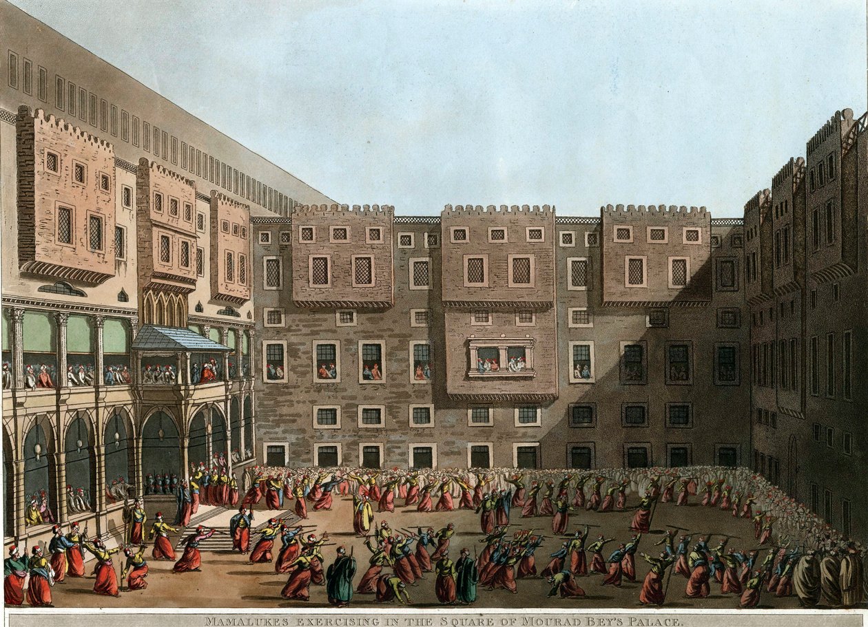 ""Mamluker som tränar på innergården till Mourad Bey-palatset, Tunis"" (Mamluker tränar på torget i Murad Beys palats) Litografi av Luigi Mayer (1755-1803) - 1802 Dim 22,9x31,6 cm Privat samling av Luigi Mayer