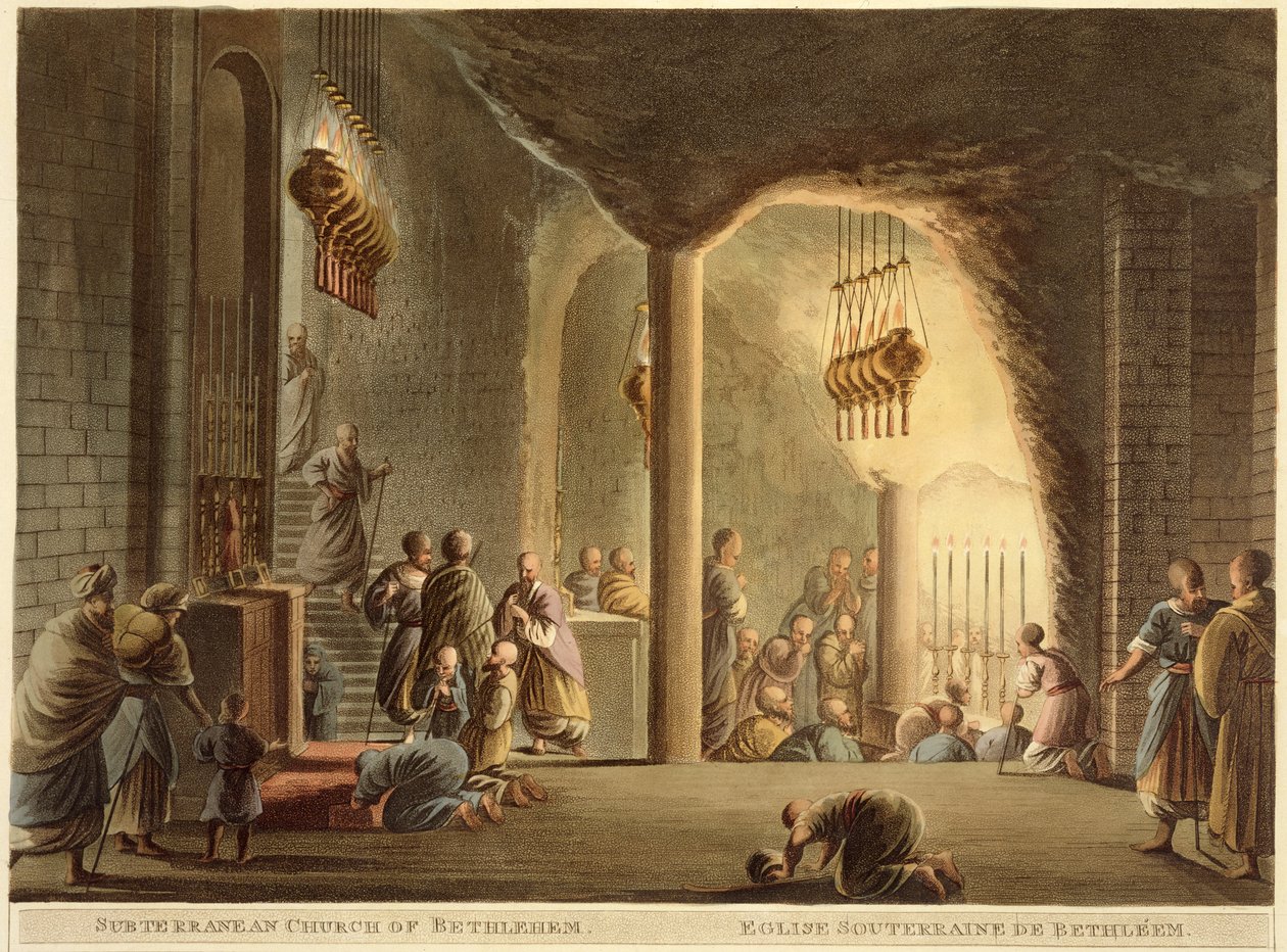 Betlehems underjordiska kyrka, från "Views of Palestine", Vol.II, utgiven av R. Bowyer Historic Gallery, London, 1803 (färgad akvatint) av Luigi Mayer