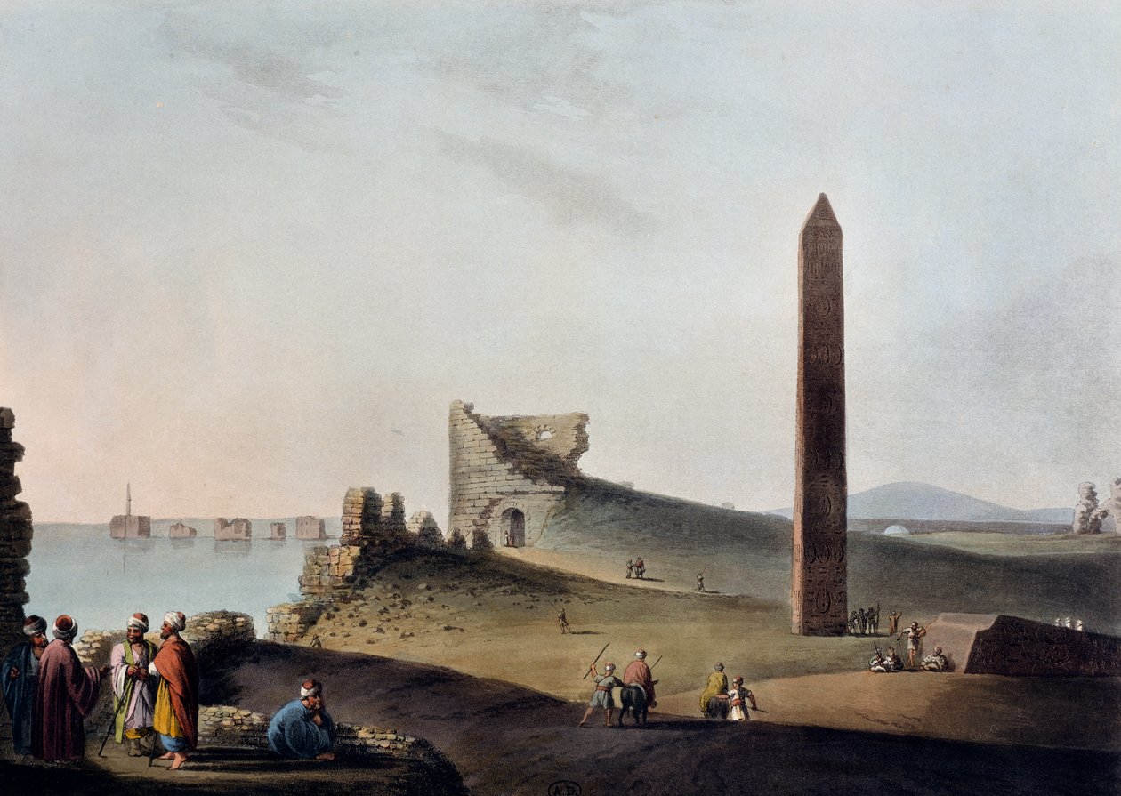 Obeliskerna i Alexandria kända som Cleopatras nålar, gravyr, av Luigi Mayer (1755-ca 1803), från vyer i Egypten, Palestina och andra delar av det osmanska riket av Luigi Mayer