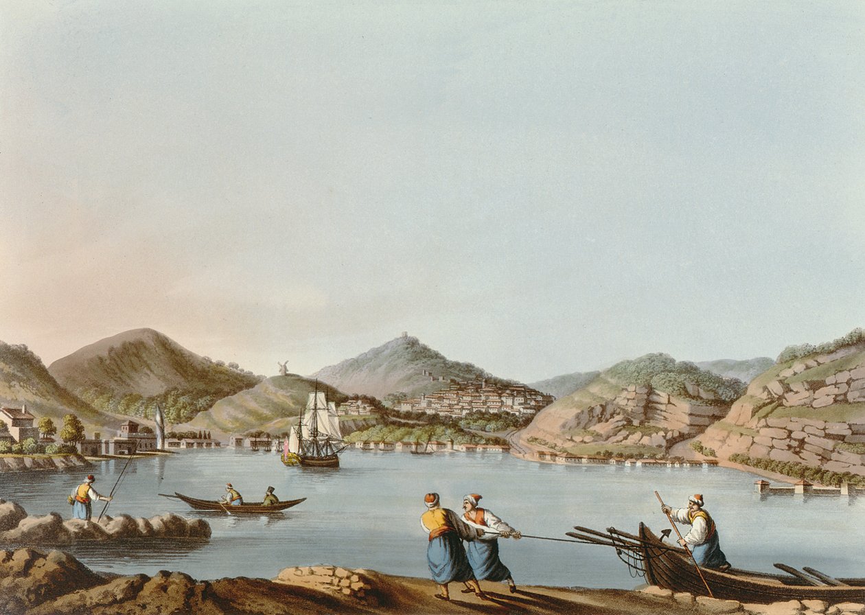 Den västra hamnen på ön Samos, skylt 60 från Views in the Ottoman Dominions, pub. av R. Bowyer, 1810 (akvatint) av Luigi Mayer