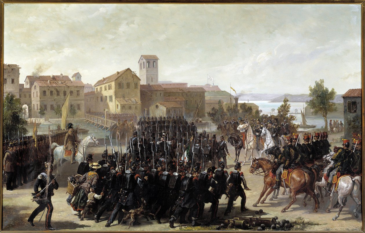 Piemontesernas erövring av staden Peschiera del Garda, 30 maj 1848 (olja på duk av Luigi Morgari