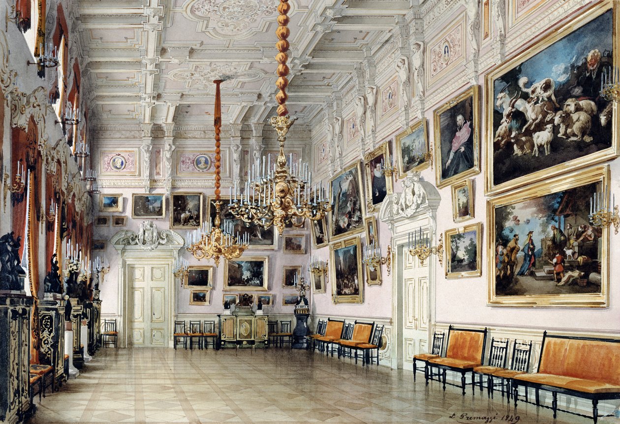 Danssalen i Greve Bezborodkos hus, St. Petersburg, 1849 (penna, pensel, wc, bläck och vit färg på papper, 1849 (penna, pensel, wc, bläck och vit färg på papper) av Luigi Premazzi