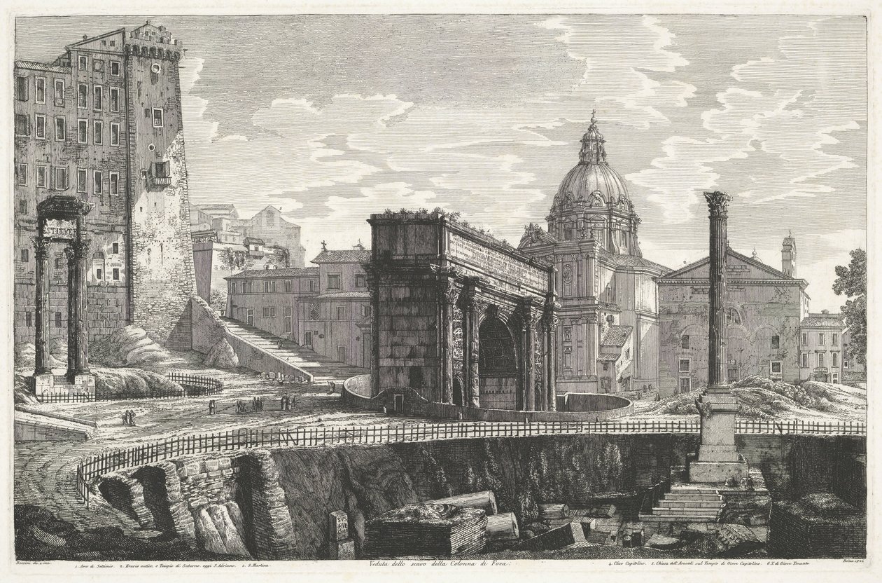 De Zuil van Phocas på het Forum Romanum Veduta dello scavo della Colonna di Foca (titel på objekt) av Luigi Rossini