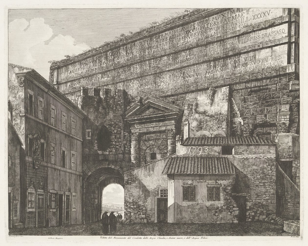 Porta Maggiore i Rom Utsikt över monumentet Condotto delle Acque Claudia och Anione Nuovo och Acqua Felice (titel på objektet) av Luigi Rossini