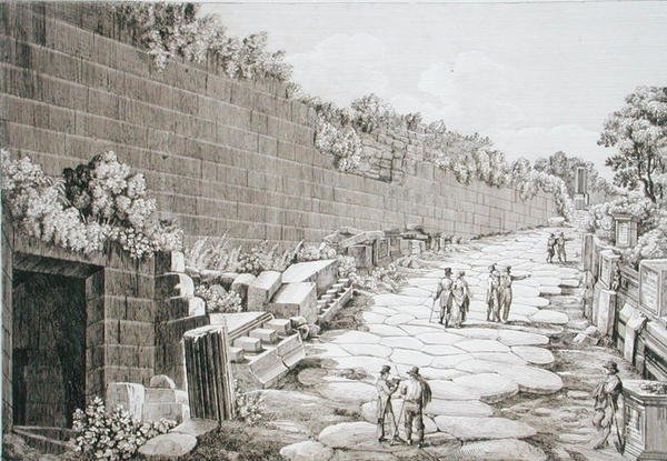 Romersk väg till Tusculo efter den första utgrävningen 1825, från "Le Antichita dei contorni di Roma", publicerad 1824-26 (etsning). av Luigi Rossini