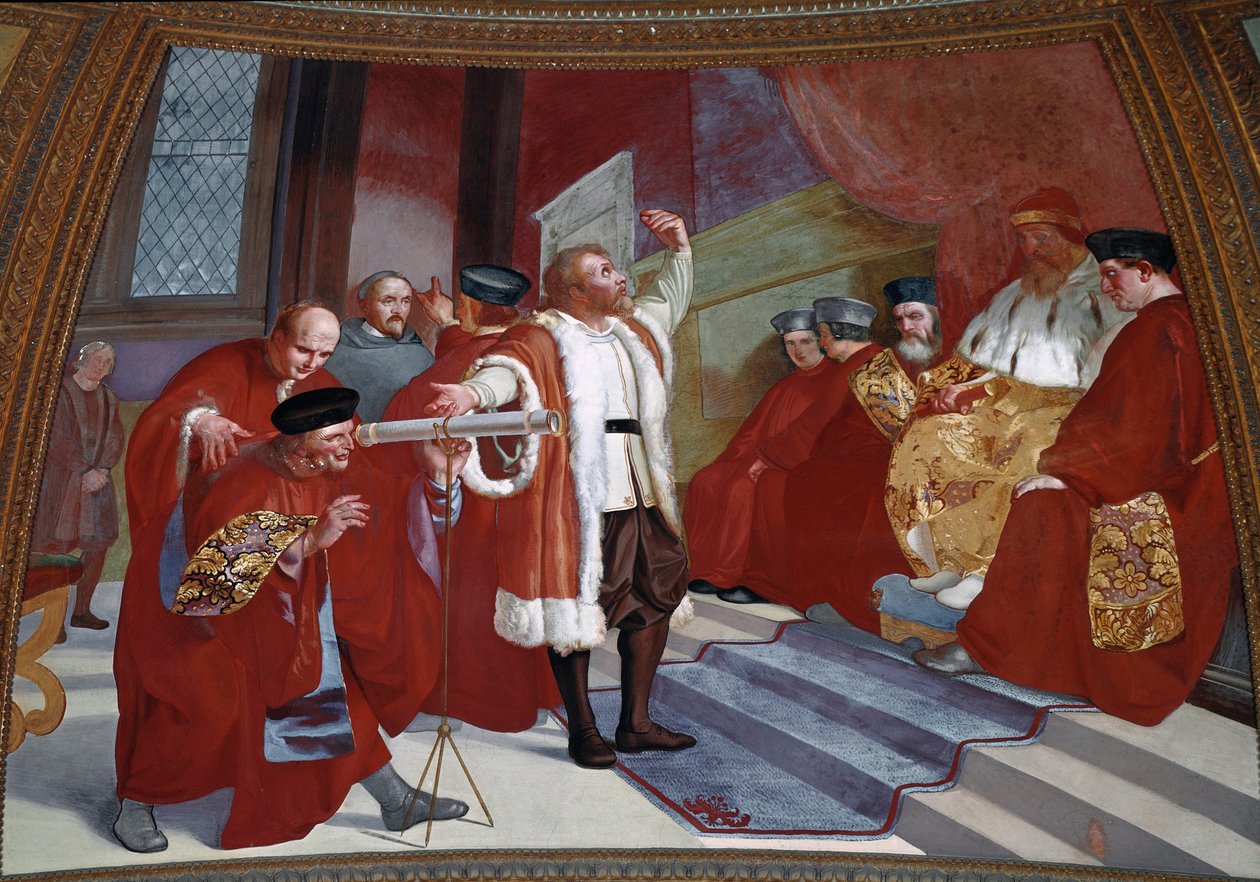 Galilee dit Galileo Galilei (1564-1642) i närvaro av dogen. Forskaren presenterar teleskopet i Venedigs senat i klocktornet på Markusplatsen. Målning av Luigi Sabatelli (1772-1850). Fresk. Firenze, Tribuna Galileiana av Luigi Sabatelli