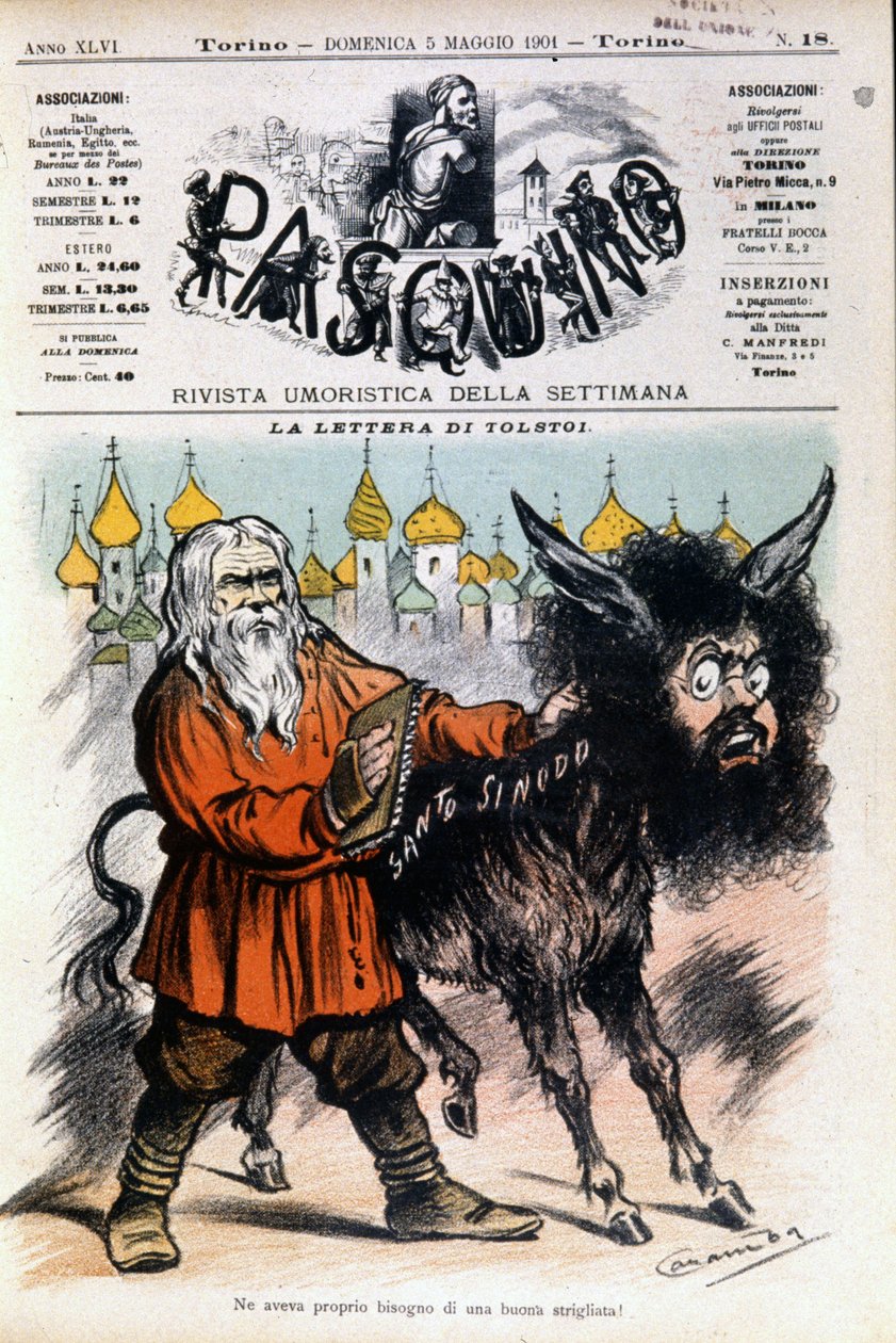 Tecknad film om Tolstoj av Luigi Sapelli Caramba (1865-1936) angående brevet som skickats av Tolstoj till den Heliga stolen. Omslag till Pasquino från 1901-05-05. av Luigi Sapelli Caramba