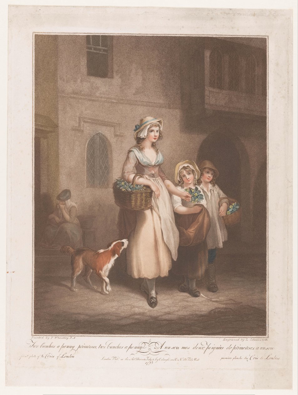 Blomsterförsäljare Två knippen ett öre primörer (titel på föremål) Street Troops of London (serietitel) Cries of London (serietitel) av Luigi Schiavonetti