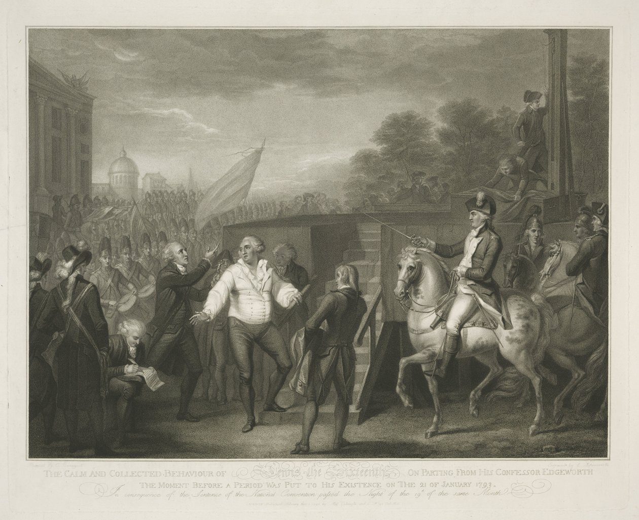 Lodewijk XVI vid het schavot Lewis den sextondes lugna och samlade beteende vid avsked från sin biktfader Edgeworth / ögonblicket innan en period sattes till hans existens den 21 januari 1793 (titel på objekt) av Luigi Schiavonetti