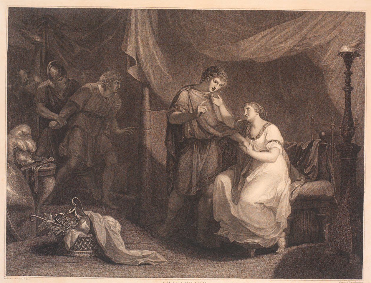 Troilus överraskar Cressida och Diomedes. Från William Shakespeares "Troilus and Cresida", akt 5, scen 2 av Luigi Schiavonetti