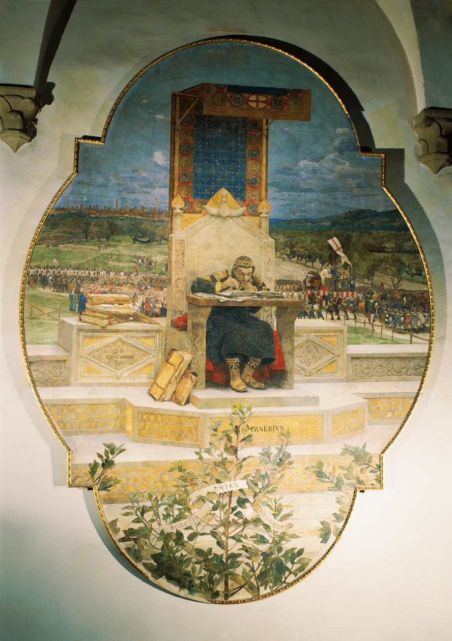 Irnerio noterar gamla lagar, av Luigi Serra (1846-1888), fristående fresk, 486x355 cm av Luigi Serra