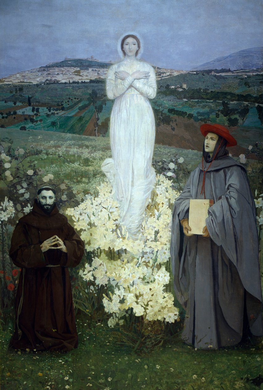Jungfruns uppenbarelse för den helige Franciskus av Assisi och Bonaventure, av Luigi Serra (1846-1888). av Luigi Serra