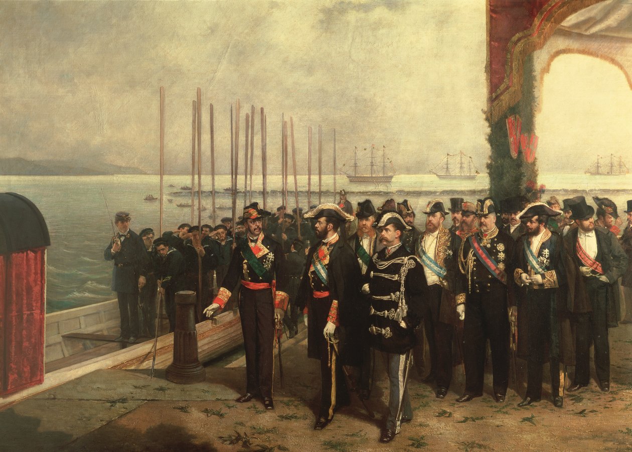 Ombordstigning av Amadeo I (1845-90) av Savojen för Spanien (olja) av Luis Alvarez Catalá
