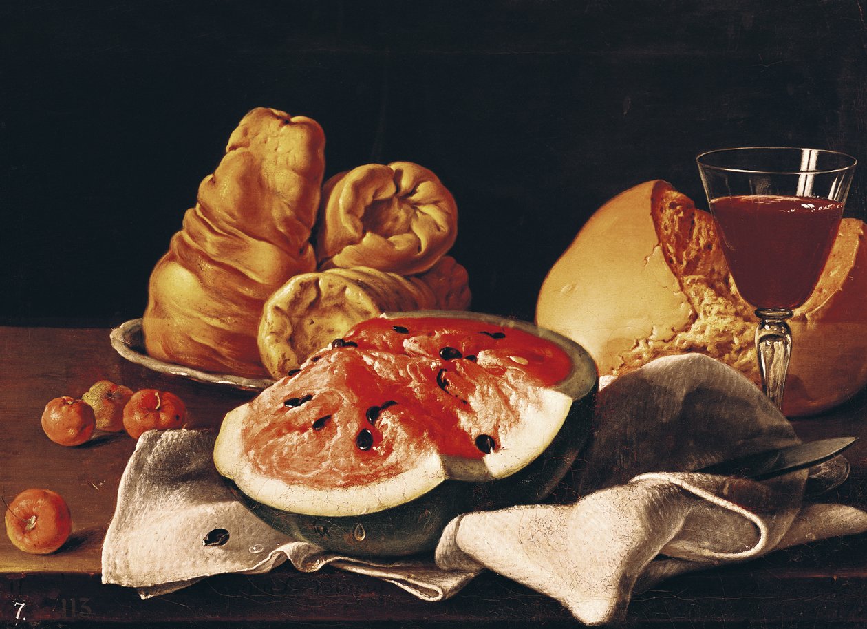 Ett glas vin, vattenmelon och bröd av Luis Egidio Melendez