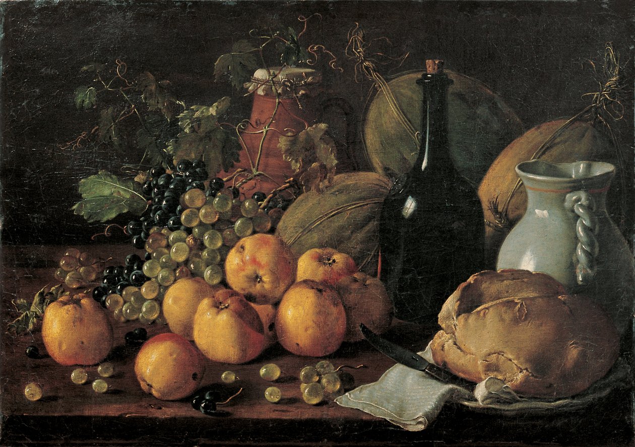 Still Life with Apples, Grapes, Melons, Bread, Jug and Bottle av Luis Egidio Melendez