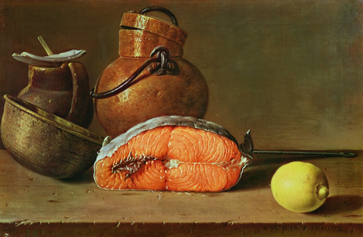 Stilleben med en bit lax, en citron och köksredskap av Luis Egidio Melendez