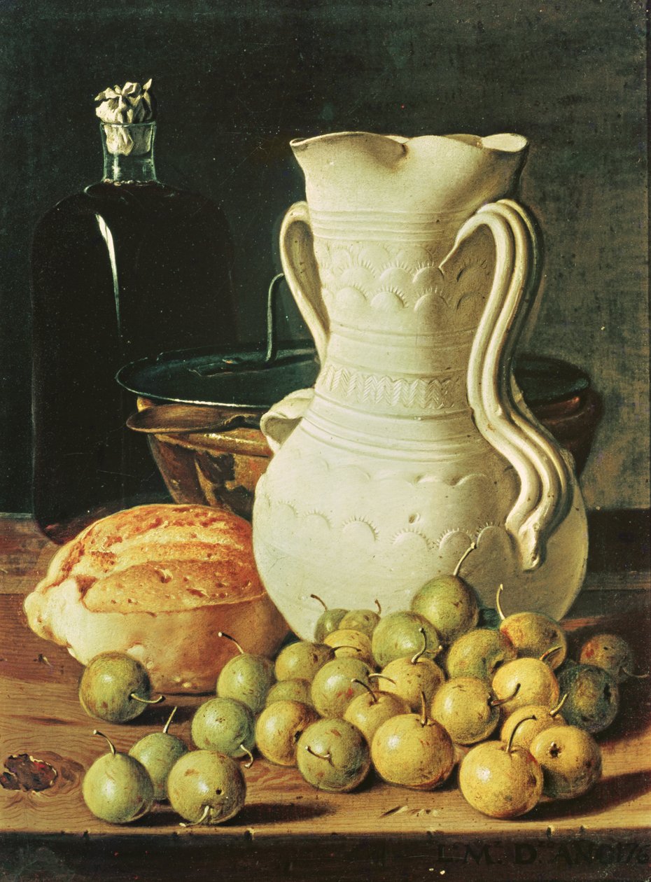 Stilleben med bröd, greengages och kanna av Luis Egidio Melendez