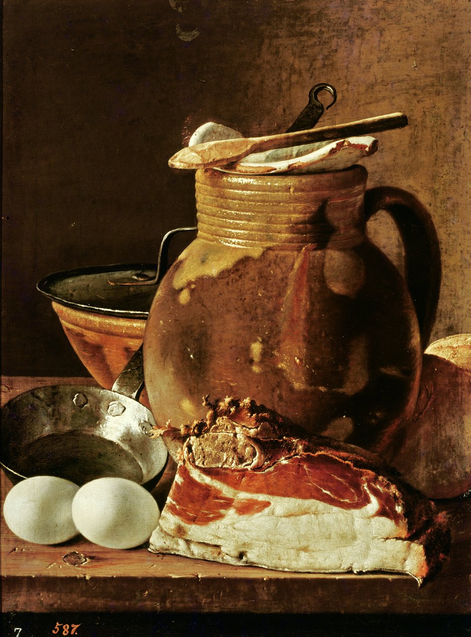 Stilleben med skinka, ägg, bröd, stekpanna och kanna av Luis Egidio Melendez