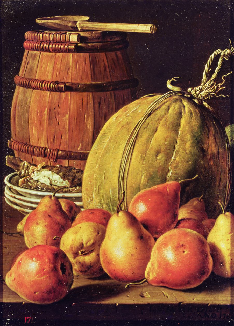 Stilleben med päron, melon och fat för marinering av Luis Egidio Melendez