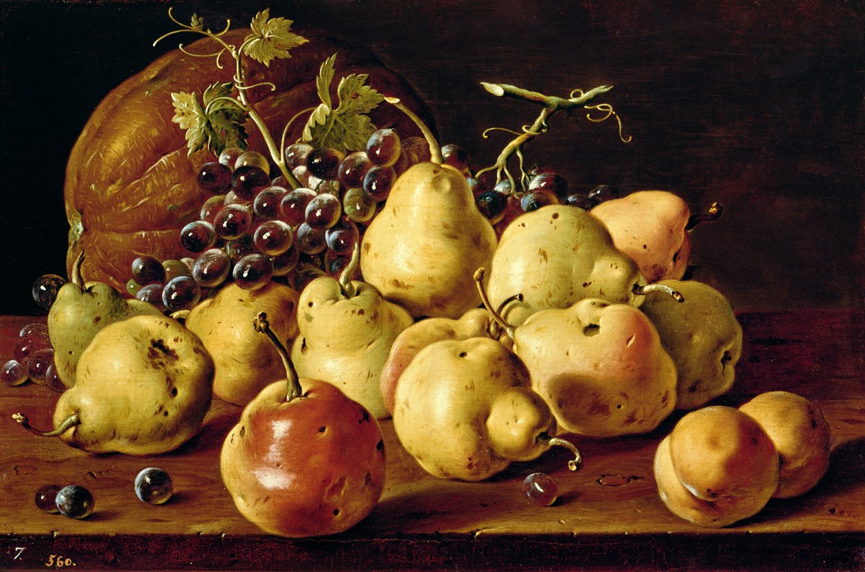 Stilleben med kvitten, persikor, vindruvor och pumpa av Luis Egidio Melendez