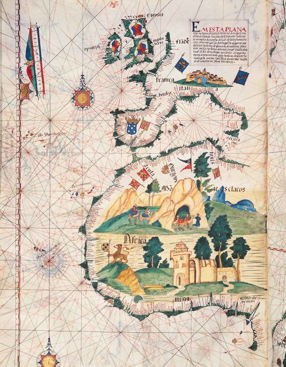Fol.5v Karta över Storbritannien, Europa och Nordvästra Afrika, från Portugaliae Monumenta Cartographica, en redogörelse för upptäckterna av Fernao Gomez från 1470-75, 1563 av Luis Lazaro