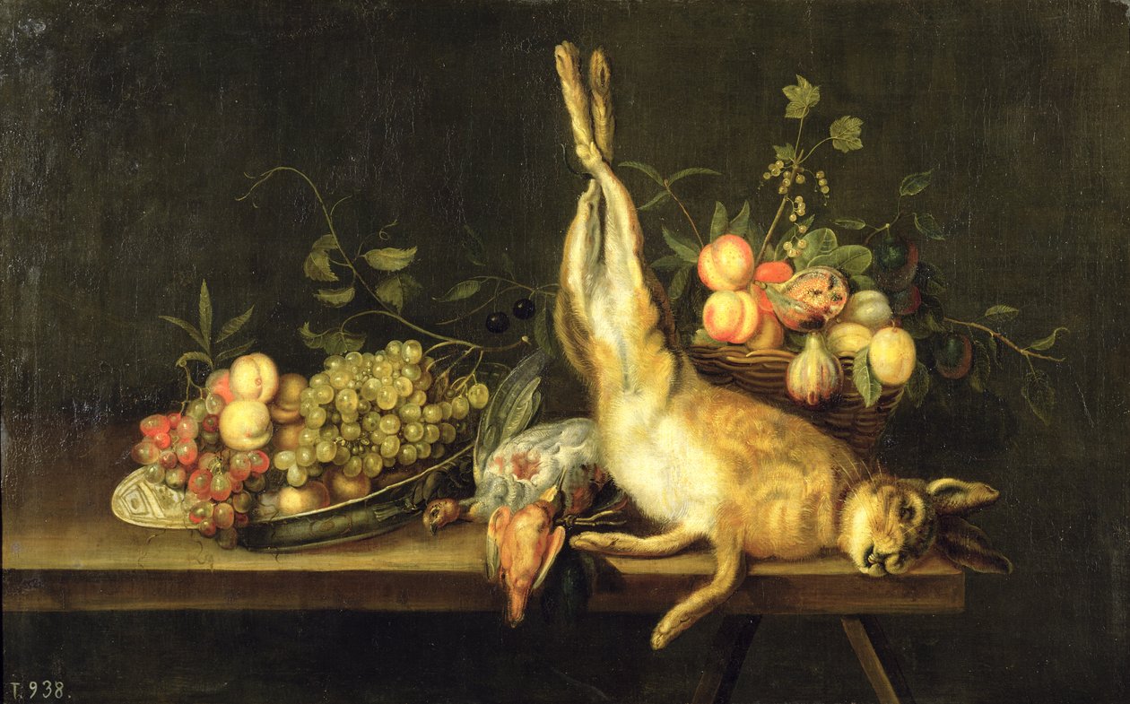 Stilleben med vilt och frukt av Luis Menendez or Melendez