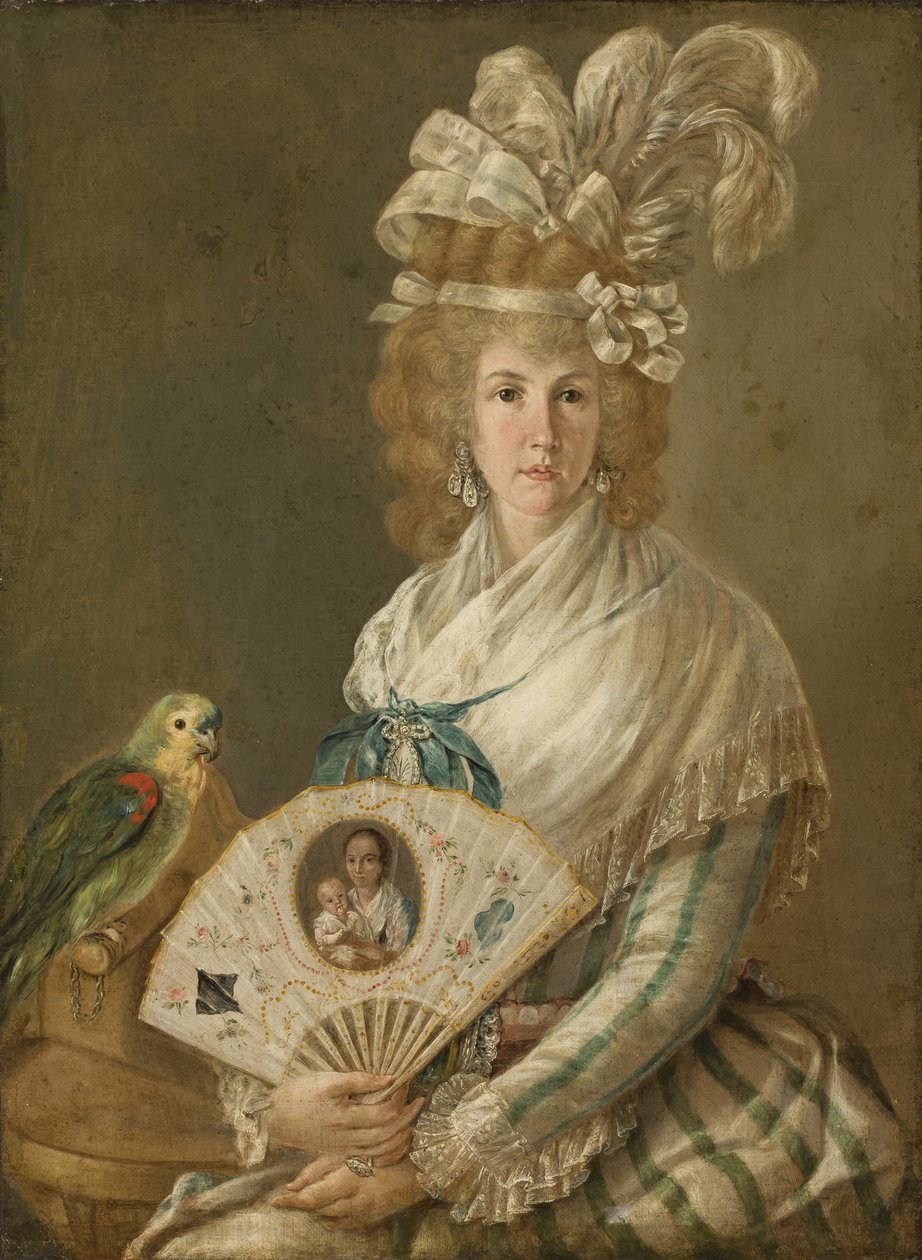 Porträtt av en dam med en papegoja, ca 1785-90 olja på duk av Luis Paret y Alcazar