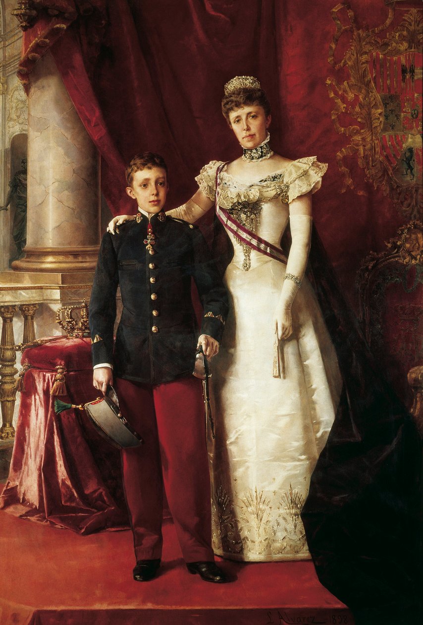 Porträtt av Alfonso XIII (1886-1941) och Maria Cristina de Teschen, känd som Maria Cristina av Habsburg (1858-1929), ärkehertiginna av Österrike av Luis Alvarez Catalá
