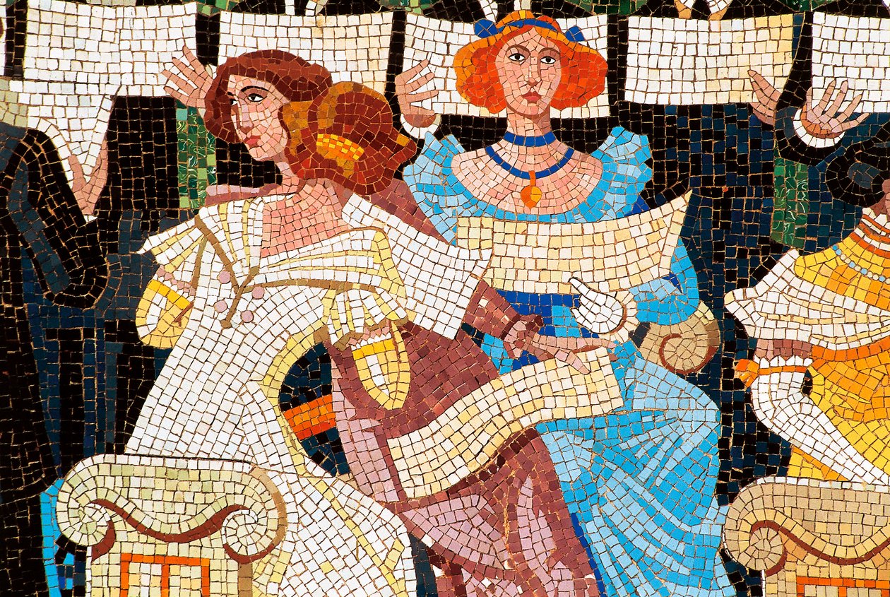 Art Nouveau-arkitektur: Palace of Catalan Music, Barcelona. Mosaik som dekorerar fasaden: kvinna som sjunger i den katalanska kören (Orfeo Catala), detalj till vänster. av Luis Domenech i Montaner (1850-1923) och Lluis Bru I Salelles (1868-1952), 1905-19 av Luis & Bru i Salelles Luis (1868 1952) Domenech i Montaner