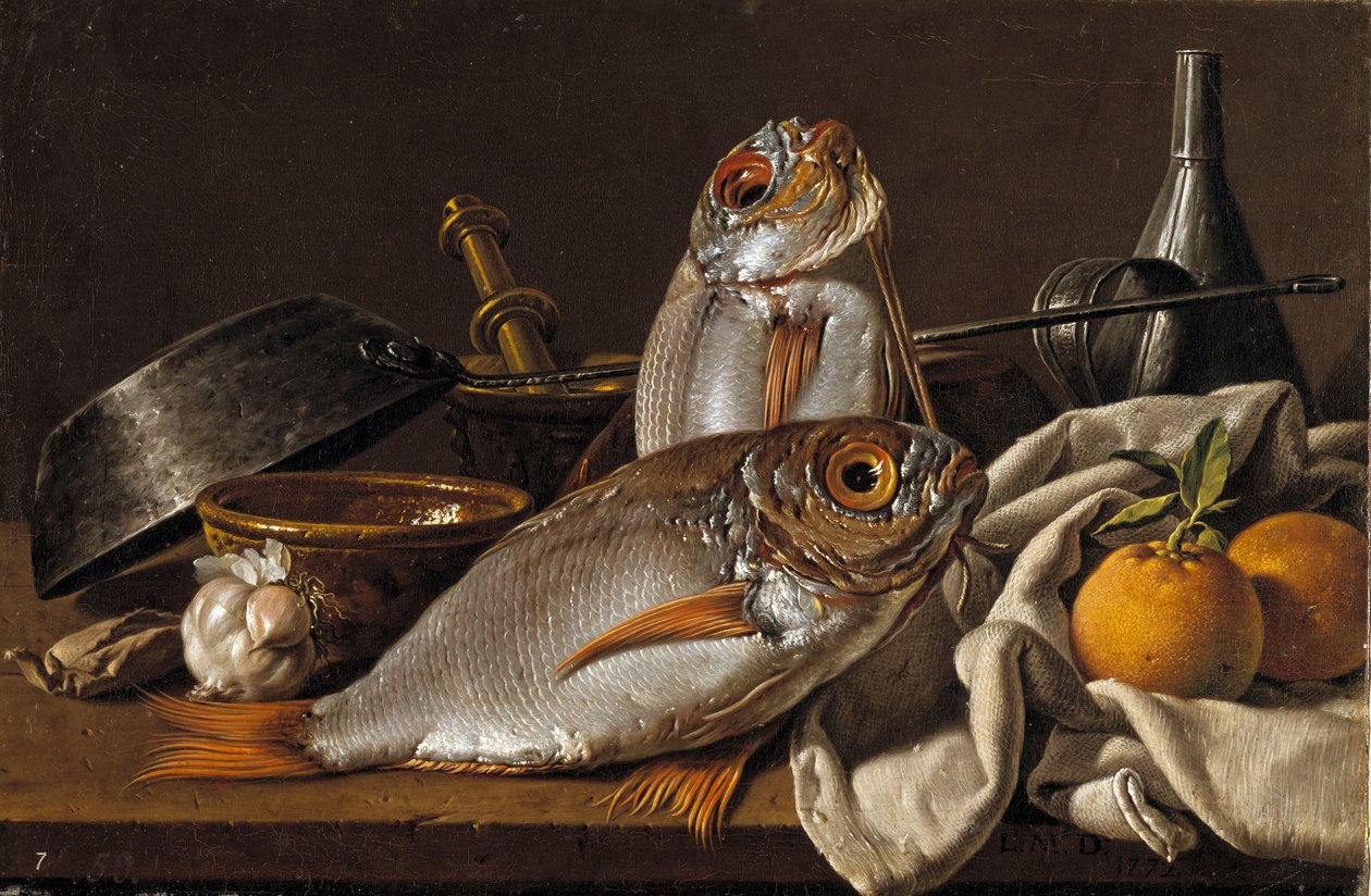 Stilleben med braxen, apelsiner, vitlök och köksredskap av Melendez, Luis Egidio (1716-1780) av Luis Egidio Melendez