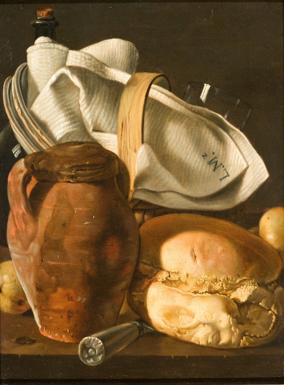 Stilleben med bröd, en kanna och en servett, efter cirka 1830 (olja på duk) av Luis Egidio Melendez