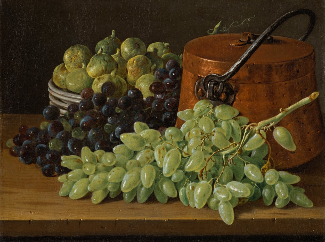 Stilleben med vindruvor, fikon och en kopparkokare, c.1770 av Luis Egidio Melendez