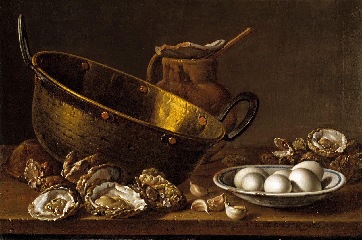 Stilleben med ostron, vitlök och ägg av Melendez, Luis Egidio (1716-1780) av Luis Egidio Melendez