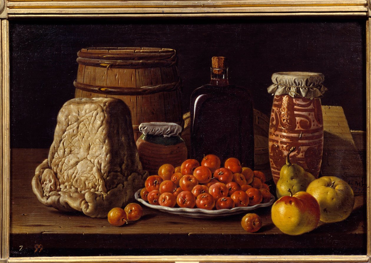 Ost, frukt och mottagare. Målning av Luis Melendez (1716 - 1780), spansk skola av Luis Egidio Menendez or Melendez