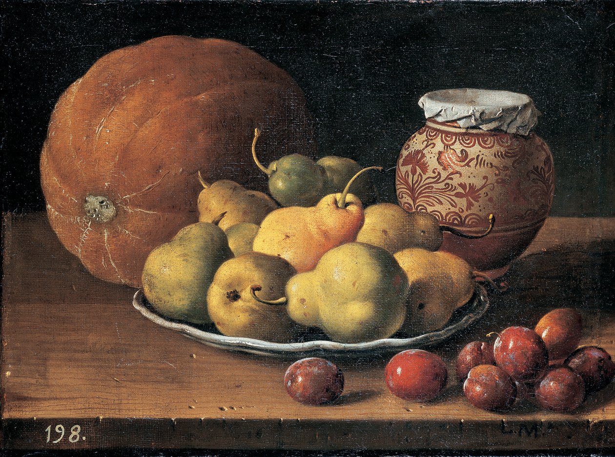 Päron på en tallrik, en melon, plommon och en dekorerad mansiesburk på en träkant av Luis Egidio Menendez or Melendez