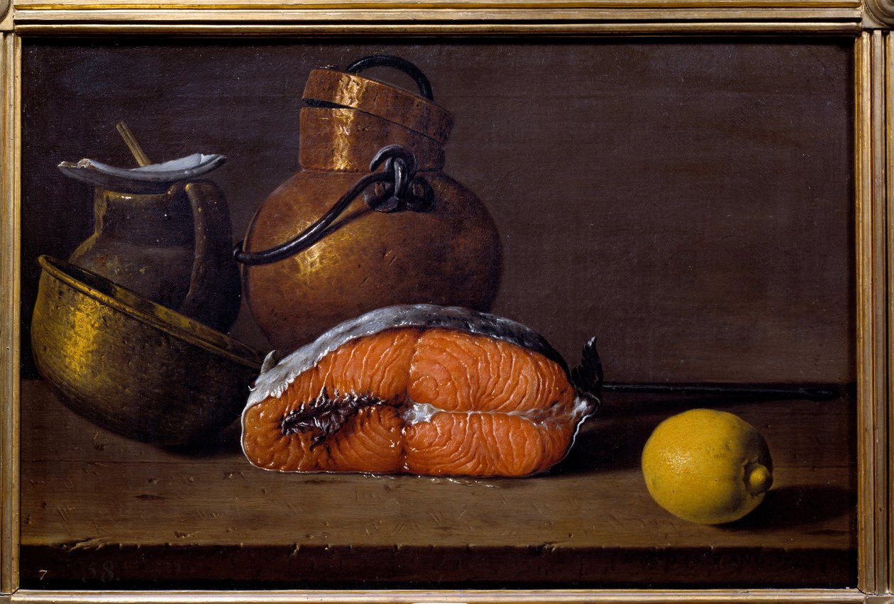 Laxskiva, en citron och redskap. Målning av Luis Melendez (1716 - 1780), spansk skola av Luis Egidio Menendez or Melendez