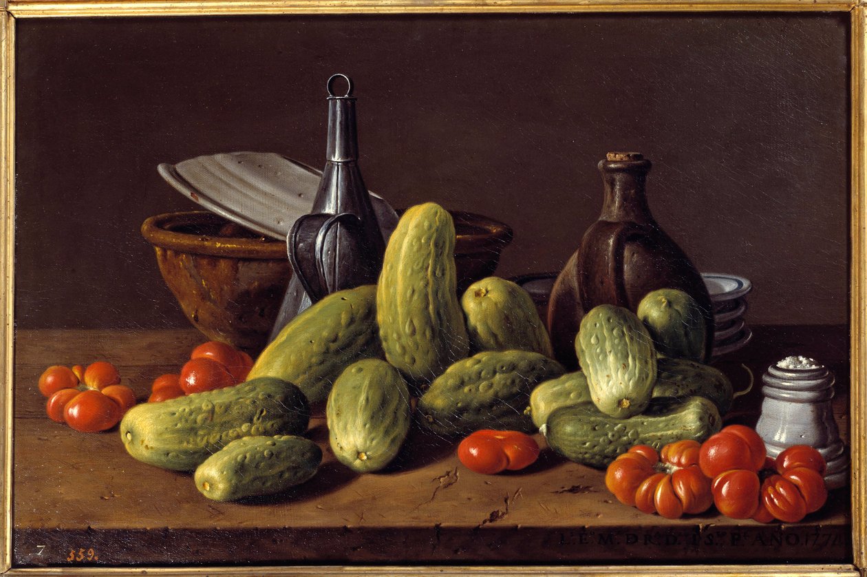 Stilleben: gurkor, tomater och behållare. Målning av Luis Melendez (1716 - 1780) av Luis Egidio Menendez or Melendez